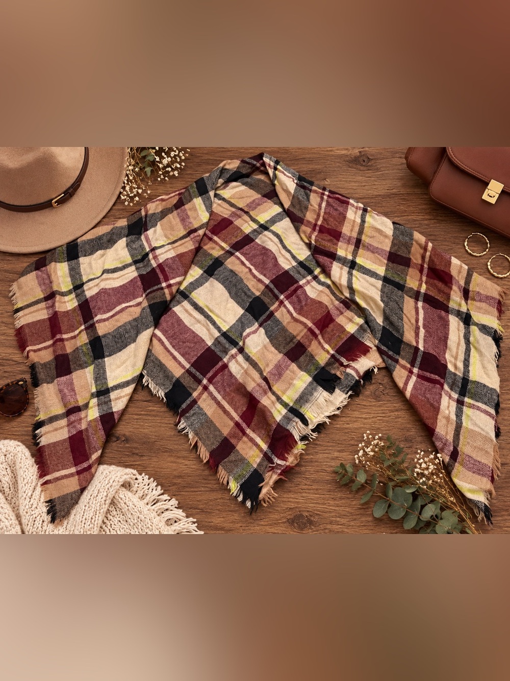 Women’s Oversized Plaid Blanket Scarf Burgundy Cream Tan Fringe Fall Wrap
